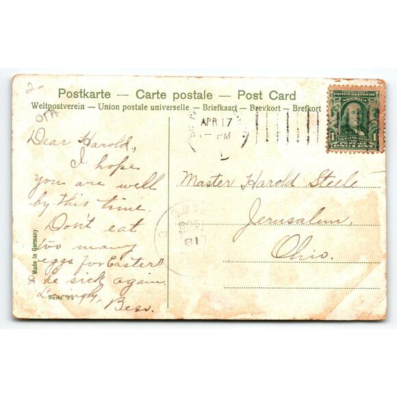 Easter Postcard Fantasy Dwarf Rides Cart Pulled By Baby Chicks Gnome Whip German - Picture 2 of 2